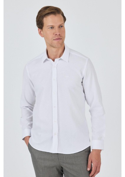 Uzun Kol Desenli Armürlü Sert Yaka Cepsiz Pamuklu Classic Slim Fit Gömlek 1004250191