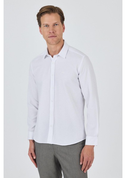 Uzun Kol Desenli Armürlü Sert Yaka Cepsiz Pamuklu Classic Slim Fit Gömlek 1004250191