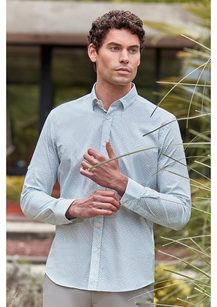 Koyu Haki Kısalabilir Kol Baskılı Cepsiz %97 Pamuk %3 Elastane Klasik Slim Fit Gömlek 1004240116 fiyatları