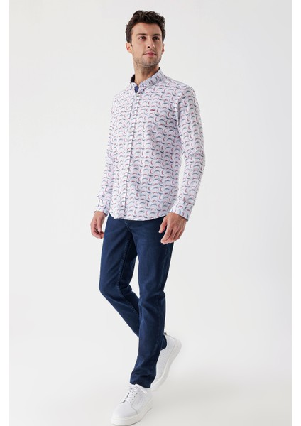 Uzun Kollu Baskılı Bez Ayağı Cepsiz Garnili Klasik Slim Fit Dar Kesim Gömlek 1004230228 fırsatları