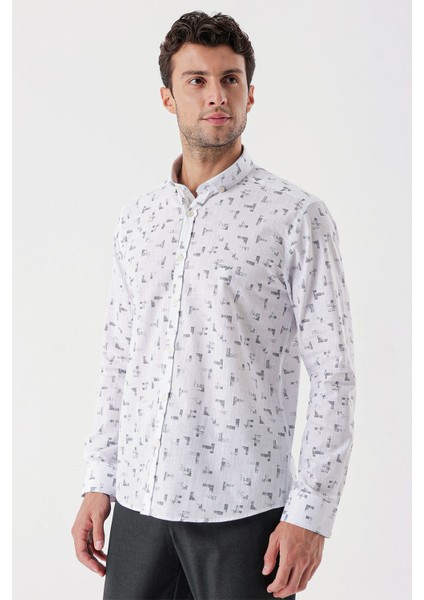 Uzun Kollu Baskılı Bez Ayağı Cepsiz Garnili Klasik Slim Fit Dar Kesim Gömlek 1004230230 modelleri