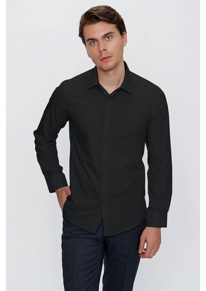 Siyah Düz Desen Slim Fit Sert Yaka Gömlek fırsatları