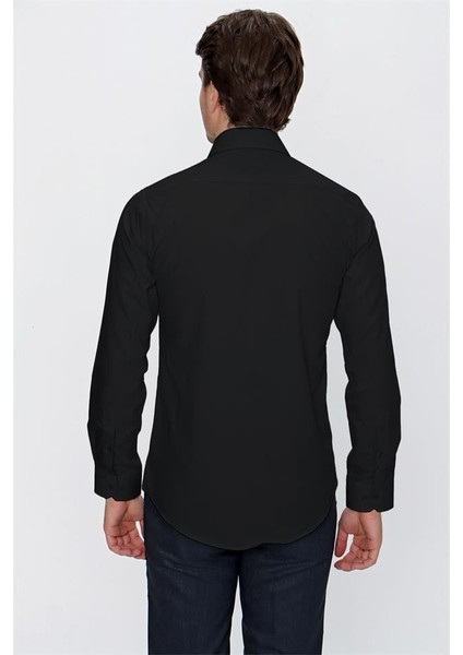 Siyah Düz Desen Slim Fit Sert Yaka Gömlek indirimleri