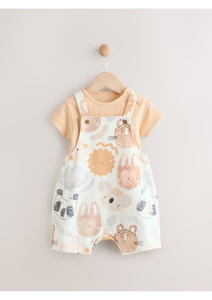 %100 Pamuklu Krem Safari Salopet Body Zıbın Set