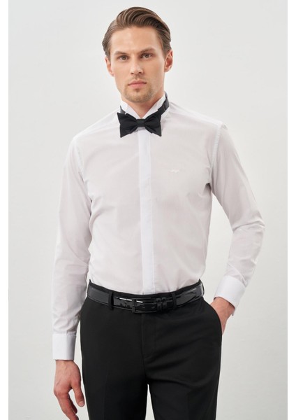 Beyaz Uzun Kol Düz Bez Ayağı Ata Yaka Cepsiz Pamuklu Basic Slim Fit Gömlek 1004245060