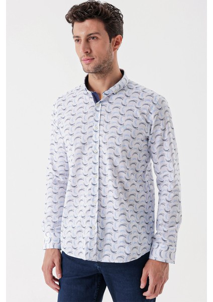 Beyaz Uzun Kollu Baskılı Bez Ayağı Cepsiz Garnili Klasik Slim Fit Dar Kesim Gömlek 1004230228