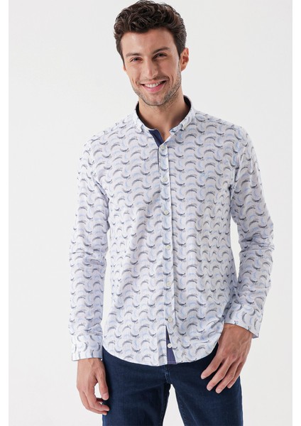 Beyaz Uzun Kollu Baskılı Bez Ayağı Cepsiz Garnili Klasik Slim Fit Dar Kesim Gömlek 1004230228 fiyatları