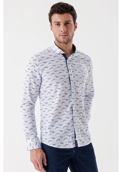 Beyaz Uzun Kollu Baskılı Bez Ayağı Cepsiz Garnili Klasik Slim Fit Dar Kesim Gömlek 1004230228 modelleri