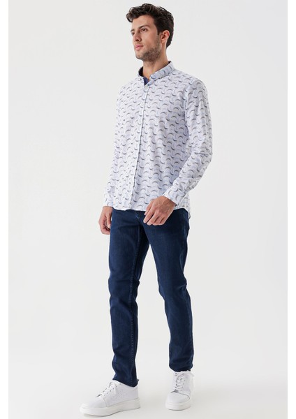 Beyaz Uzun Kollu Baskılı Bez Ayağı Cepsiz Garnili Klasik Slim Fit Dar Kesim Gömlek 1004230228 fırsatları