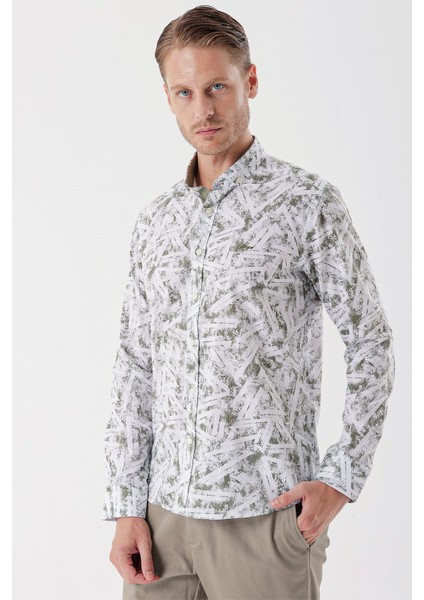 Uzun Kollu Baskılı Bez Ayağı Cepsiz Garnili Klasik Slim Fit Dar Kesim Gömlek 1004230229 modelleri