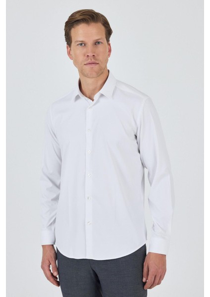 Beyaz Sert Yaka Cepsiz Gabardin Uzun Kol Slim Fit Esnek Gömlek 1004250234