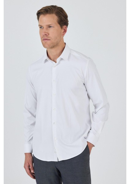 Beyaz Sert Yaka Cepsiz Gabardin Uzun Kol Slim Fit Esnek Gömlek 1004250234 fiyatları