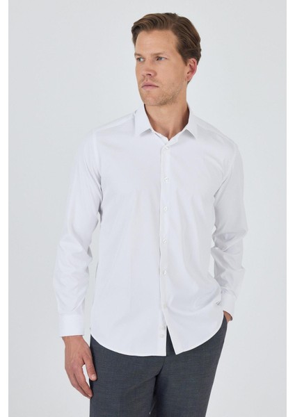 Beyaz Sert Yaka Cepsiz Gabardin Uzun Kol Slim Fit Esnek Gömlek 1004250234 modelleri