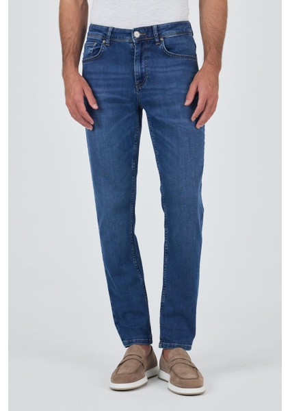 Lacivert Gabardin 5 Cep Düz Paça Casual Slim Fit Pamuklu Denim Pantolon 1023250156