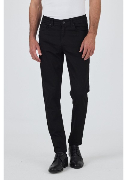 Siyah Gabardin 5 Cep Düz Paça Casual Slim Fit Pamuklu Denim Pantolon