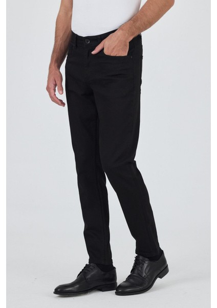 Siyah Gabardin 5 Cep Düz Paça Casual Slim Fit Pamuklu Denim Pantolon