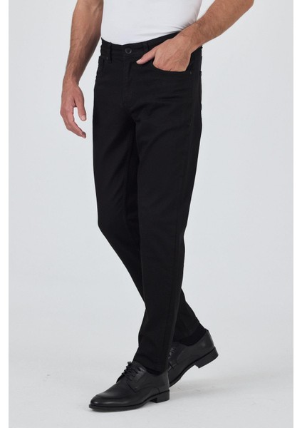 Siyah Gabardin 5 Cep Düz Paça Casual Slim Fit Pamuklu Denim Pantolon