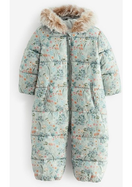 Green Floral Lüks Suni Kürklü Suya Dayanıklı Tam Polar Astarlı Kar Tulumu fırsatları