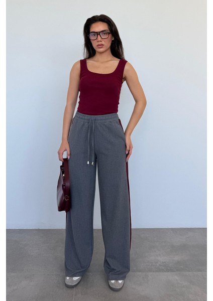 Antrasit Şerit Detaylı Bol Paça Kadın Pantolon MG2441