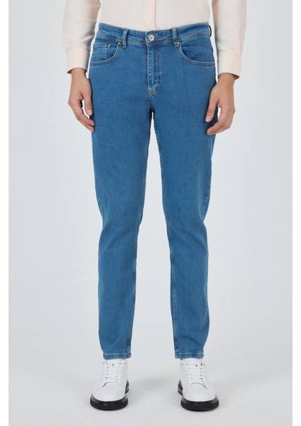 Koyu Mavi Gabardin 5 Cep Düz Paça Casual Slim Fit Pamuklu Denim Pantolon 1023250155