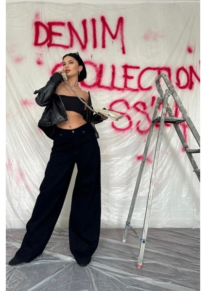 Siyah Geniş Paça Jeans Pantolon