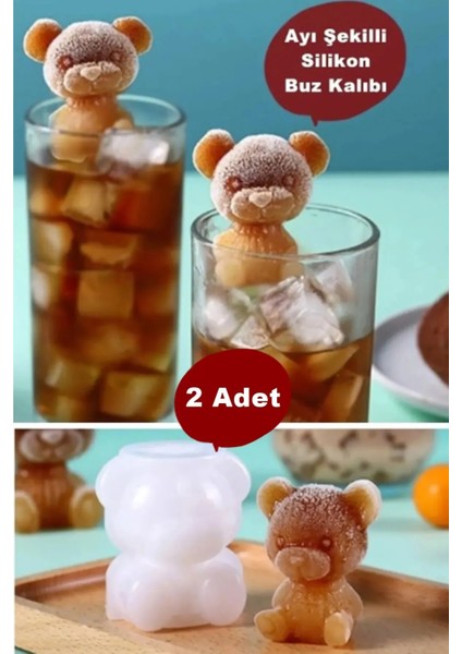 2 Adet Silikon Ayı Şekilli Buz Kalıbı Buzluk 3 Boyutlu Kahve Kokteyl Içecek Sunum Buz Kalıbı