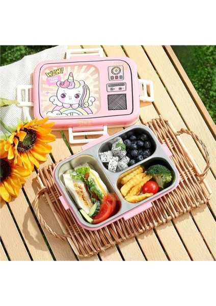 life Bento 820ML Lunchbox Tek Katlı 3 Bölmeli Paslanmaz Çelik (Pembe Unicorn)