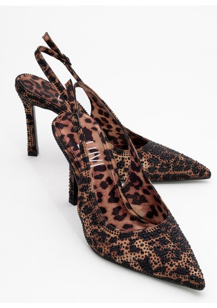 Roya Siyah Sarı Desenli Saten Taşlı Sivri Burun Kadın Topuklu Ayakkabı