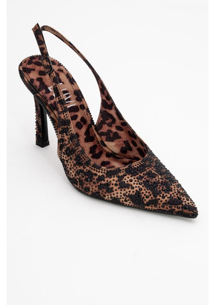 Roya Siyah Sarı Desenli Saten Taşlı Sivri Burun Kadın Topuklu Ayakkabı modelleri