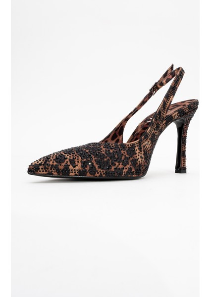 Roya Siyah Sarı Desenli Saten Taşlı Sivri Burun Kadın Topuklu Ayakkabı fırsatları