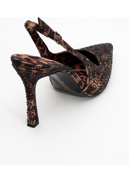 Roya Siyah Sarı Desenli Saten Taşlı Sivri Burun Kadın Topuklu Ayakkabı indirimleri