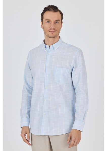 Uzun Kol Çizgili Desen Düğmeli Yaka Cepli Classic Comfort Fit Gömlek 1004250189