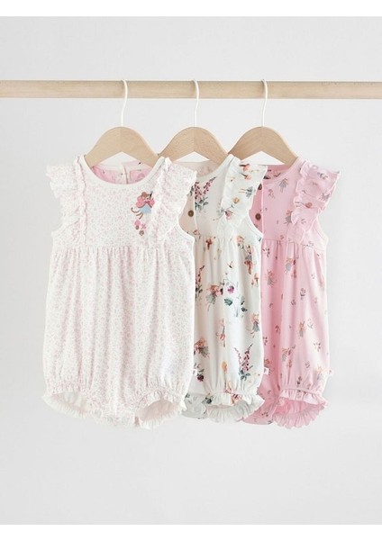 %100 Pamuklu Pembe Krem Çiçek Desenli 3'lü Romper Set