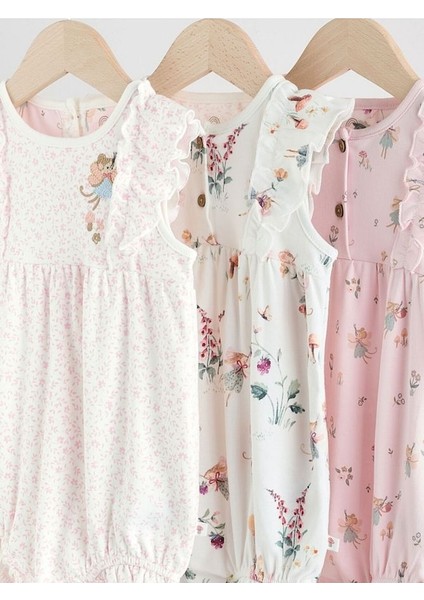 %100 Pamuklu Pembe Krem Çiçek Desenli 3'lü Romper Set modelleri