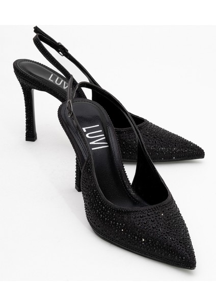 Roya Siyah Sarı Desenli Saten Taşlı Sivri Burun Kadın Topuklu Ayakkabı