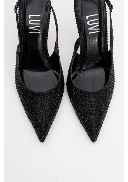 Roya Siyah Sarı Desenli Saten Taşlı Sivri Burun Kadın Topuklu Ayakkabı fiyatları