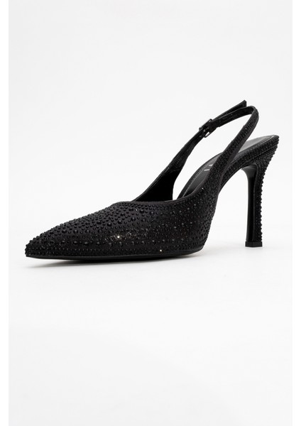 Roya Siyah Sarı Desenli Saten Taşlı Sivri Burun Kadın Topuklu Ayakkabı fırsatları