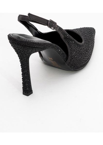 Roya Siyah Sarı Desenli Saten Taşlı Sivri Burun Kadın Topuklu Ayakkabı indirimleri