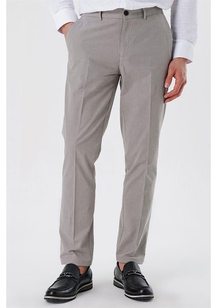 Koyu Bej Çizgili Armürlü % 100 Pamuk Yan Cepli Comfort Fit Rahat Kesim Casual Pantolon 1003230160