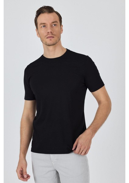 Siyah Kısa Kol Bisiklet Yaka Cepsiz Pamuklu Casual Slim Fit Tişört 1011250165 modelleri