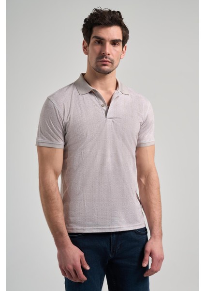 Koyu Bej Kısa Kol Baskılı Pike Polo Yaka Cepsiz Esnek Casual Slim Fit Tişört 1011250150