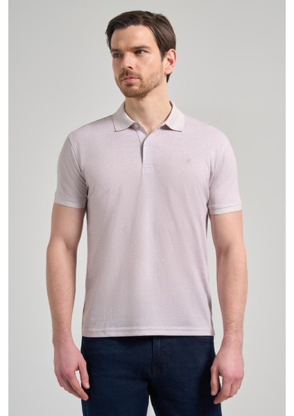 Açık Bej Kısa Kol Baskılı Pike Polo Yaka Cepsiz Esnek Casual Slim Fit Tişört 1011250151