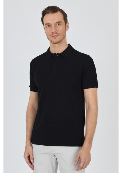 Siyah Polo Yaka Kısa Kol Cepsiz Slim Fit Classic Pamuklu Tişört 1011250177
