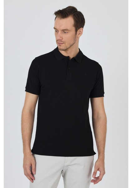 Siyah Polo Yaka Kısa Kol Cepsiz Slim Fit Classic Pamuklu Tişört 1011250177