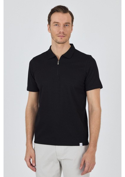 Siyah Kısa Kol Düz Suprem Polo Yaka Cepsiz Pamuklu Casual Slim Fit Tişört 1011250164_001
