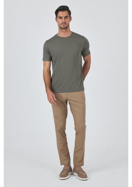 Koyu Haki Kısa Kol Bisiklet Yaka Cepsiz Pamuklu Casual Slim Fit Tişört 1011250165 fiyatları