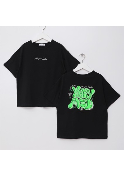 Kız Çocuk O Yaka Kısa Kol Yazlık Tişört - (7 Yaş-12 Yaş) - 32348 - Siyah