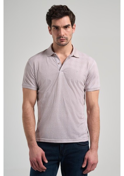 Bej Kısa Kol Baskılı Pike Polo Yaka Cepsiz Esnek Casual Slim Fit Tişört 1011250150