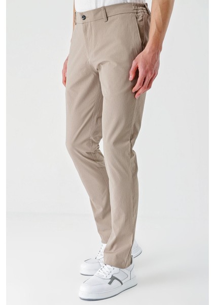 Bej Desenli Gofreli Pamuklu Likralı Yan Cepli Slim Fit Dar Kesim Casual Pantolon 1003240206