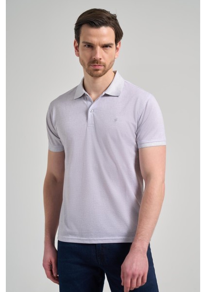 Gri Kısa Kol Baskılı Pike Polo Yaka Cepsiz Esnek Casual Slim Fit Tişört 1011250151